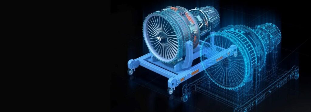 A 3D holographic model of a jet engine enables real-time monitoring, predictive maintenance, and aerospace innovation.