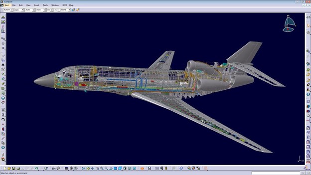 : A detailed digital model of an aircraft displayed in CATIA software, showing internal structures, wiring, and components in a semi-transparent view against a dark blue background