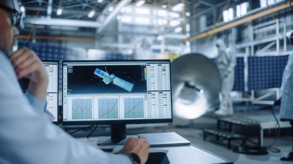 A close-up of an engineer reviewing a 3D satellite model and performance data on dual monitors in an aerospace manufacturing facility.