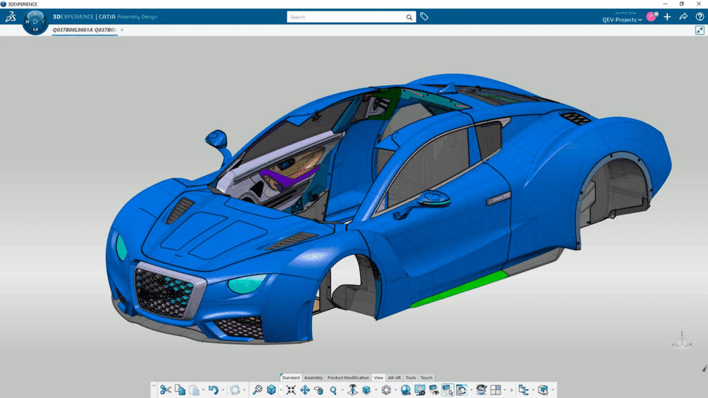 Screenshot of the CATIA interface displaying a detailed 3D model of a sports car, with visible internal components and a partially exploded view.