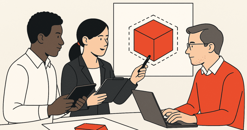 Flat-style digital illustration showing three product designers or engineers collaborating on a project, exchanging ideas around technical diagrams and prototypes, with a clean and modern look.