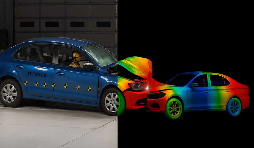 Side-by-side comparison of a physical crash test and a digital automotive crash simulation. On the left, a blue car collides with a cylindrical barrier; on the right, a digital simulation displays stress distribution with a color gradient from blue (low stress) to red (high stress).