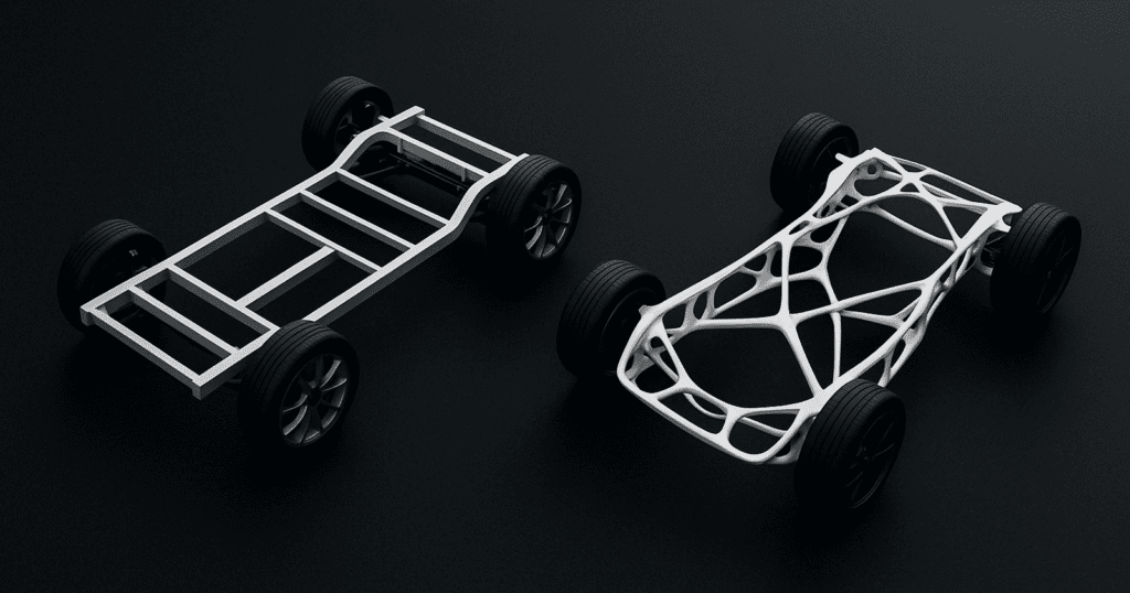 Side-by-side comparison of a standard vehicle chassis and a lightweight, generatively designed chassis, highlighting structural differences and material efficiency.