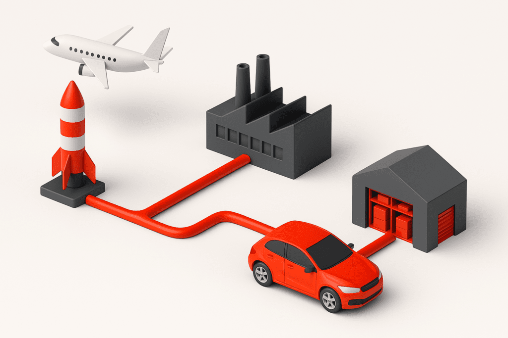 3D-rendered digital illustration showing interconnected industries, including a rocket, a factory, a car, and a warehouse, all linked by dynamic red lines on a clean white background, presented in an isometric perspective.