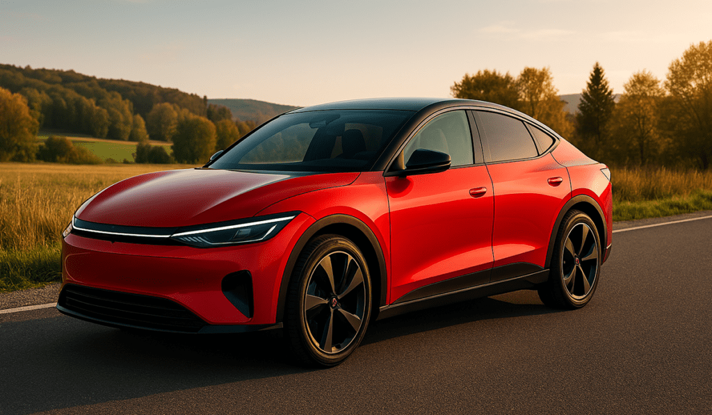 Futuristic red and black electric car parked on a countryside road at sunset, with rolling hills and autumn-colored trees in the background. The image highlights the vehicle’s sleek, aerodynamic design in a natural outdoor setting.