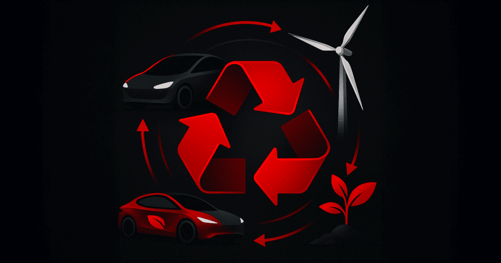 Futuristic digital illustration of a sustainable design cycle featuring realistic elements such as a recycling loop with vehicle parts, industrial components, and greenery accents, all rendered in a sleek, modern style with black, white, and red tones.