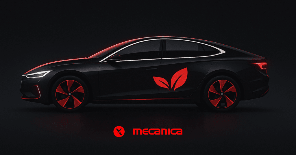 Digital illustration of a stylized eco-friendly car in black and red tones on a white background, featuring sustainability-inspired visuals like leaves and a sleek design.